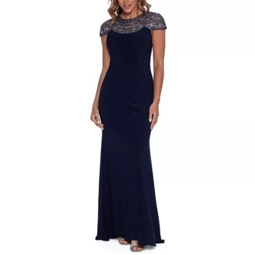 Betsy & Adam Beaded-Yoke Cap-Sleeve Gown in Navy/Silver